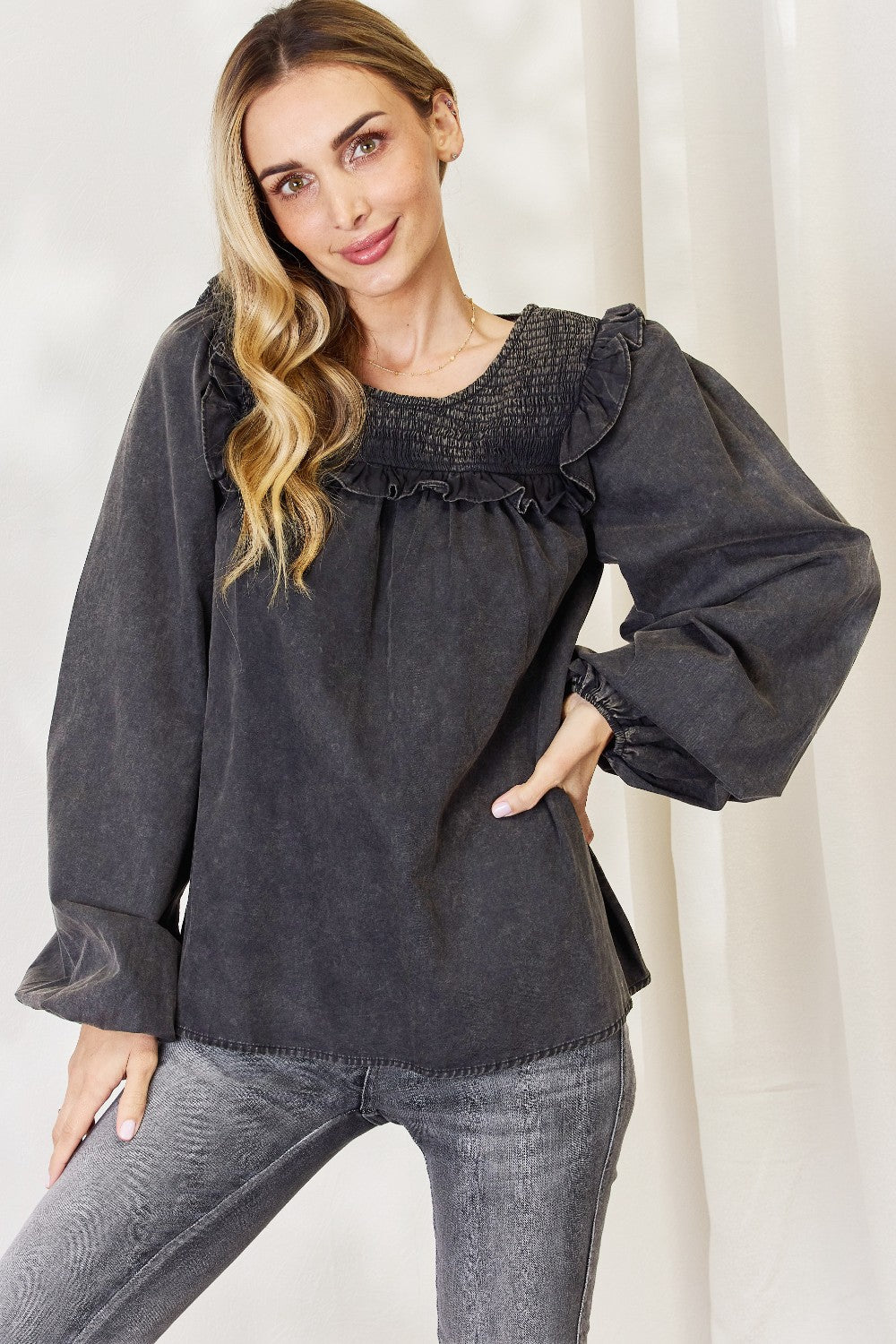 HEYSON Full Size Mineral Wash Smocked Round Neck Blouse - AllIn Computer