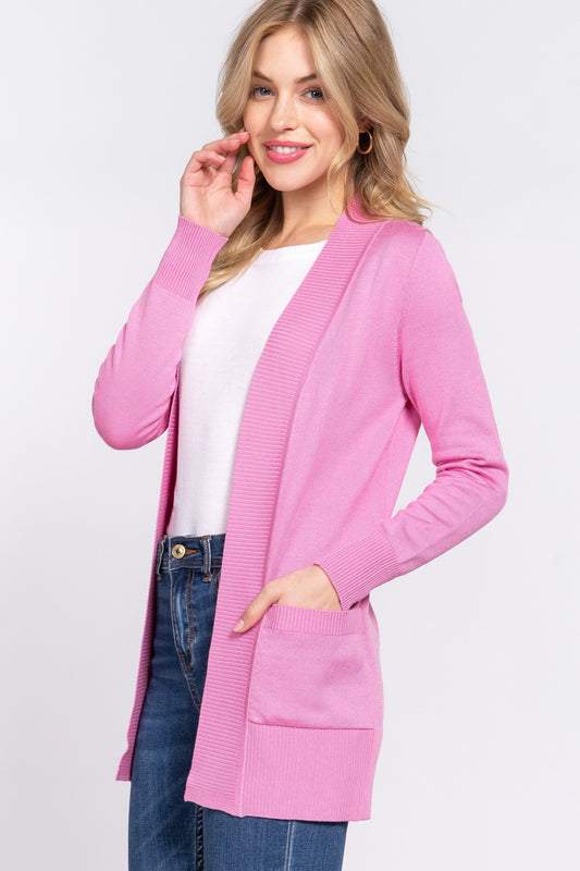 ACTIVE BASIC Ribbed Trim Open Front Cardigan - AllIn Computer