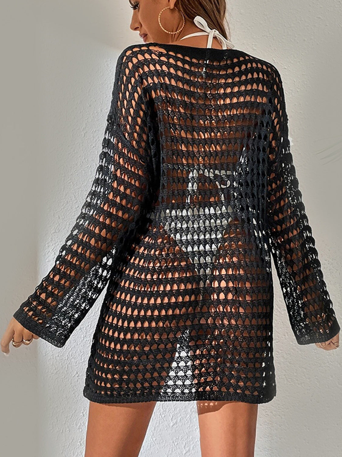 Openwork Boat Neck Long Sleeve Cover-Up - AllIn Computer
