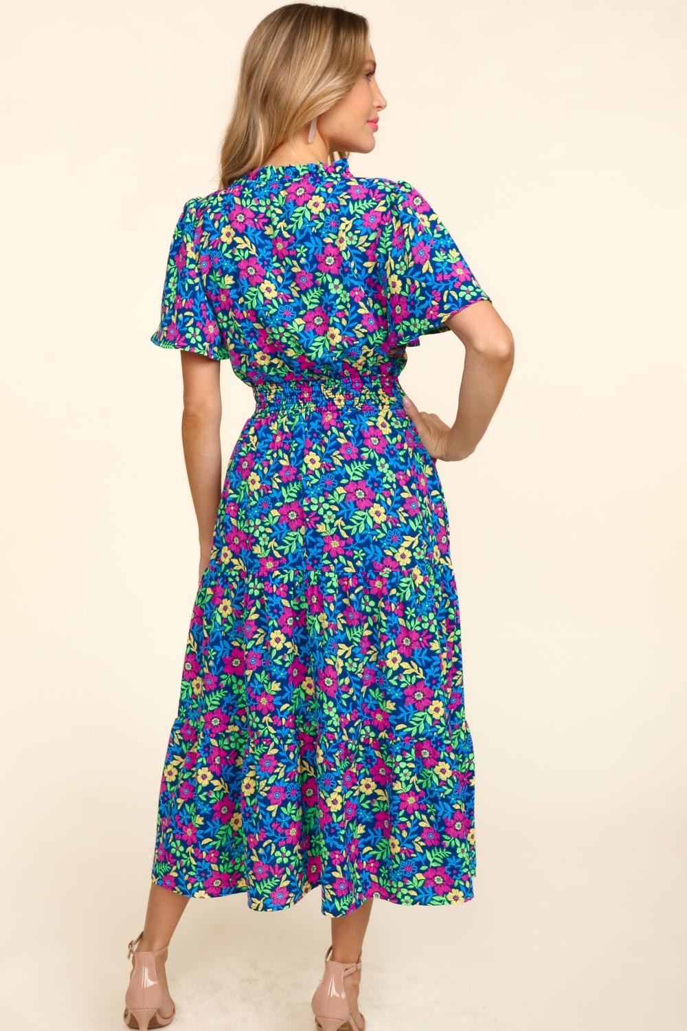 Haptics Printed Notched Short Sleeve Dress with Pockets - AllIn Computer