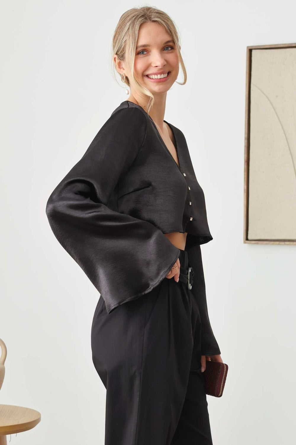 Tasha Apparel Satin Rhinestone Buttons Closure Crop Top - AllIn Computer