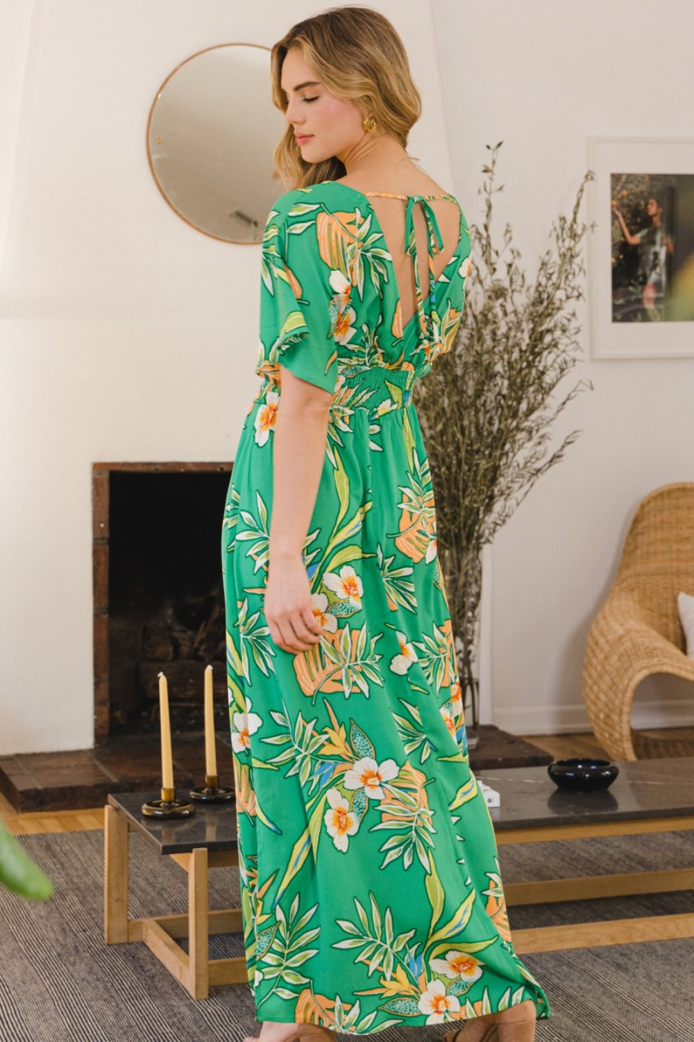 ODDI Full Size Floral Smocked Tied Back Maxi Dress - AllIn Computer