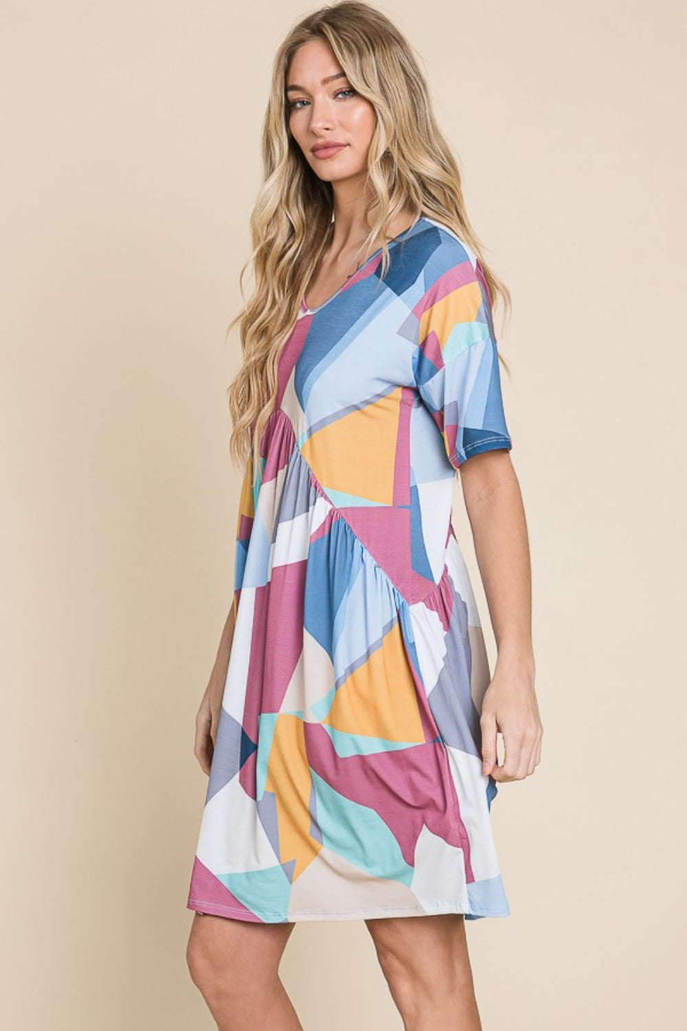 BOMBOM Ruched Color Block Short Sleeve Dress - AllIn Computer