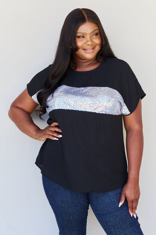 Sew In Love Shine Bright Full Size Center Mesh Sequin Top in Black/Silver | CLOTHING,SHOES & ACCESSORIES | mesh sequin top, plus size, Sew In Love, Ship from USA, top | Trendsi