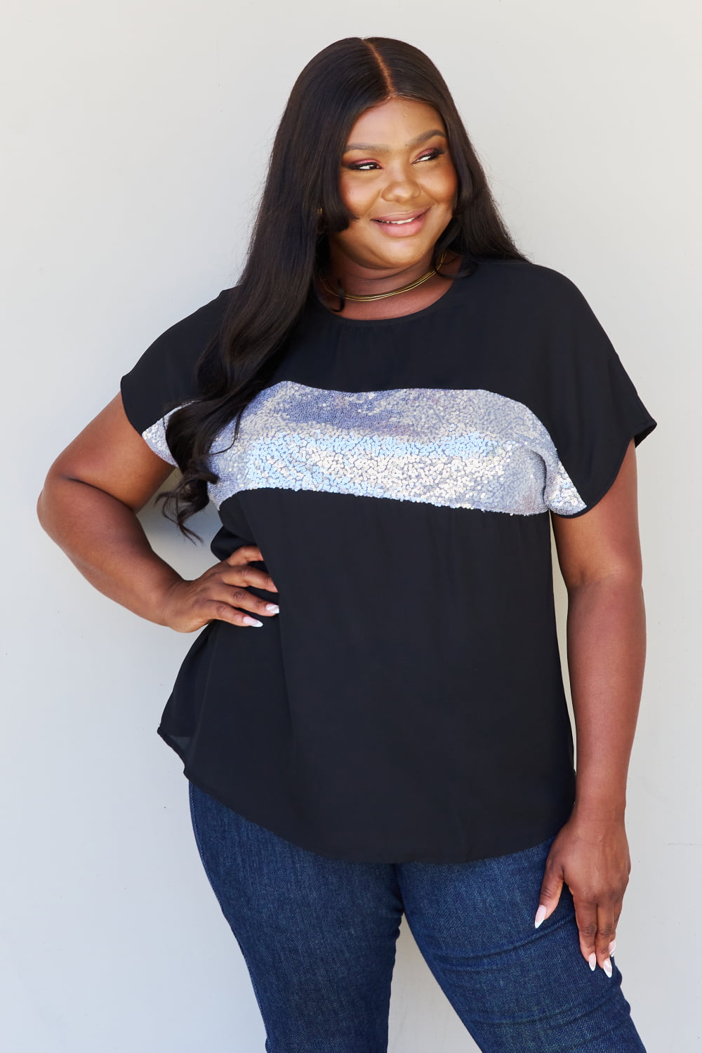 Sew In Love Shine Bright Full Size Center Mesh Sequin Top in Black/Silver - AllIn Computer