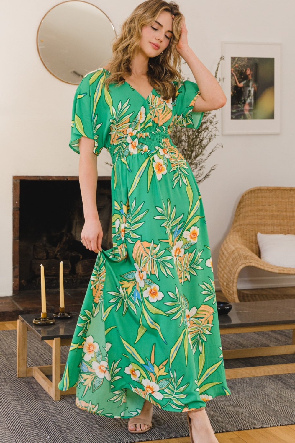 ODDI Full Size Floral Smocked Tied Back Maxi Dress - AllIn Computer