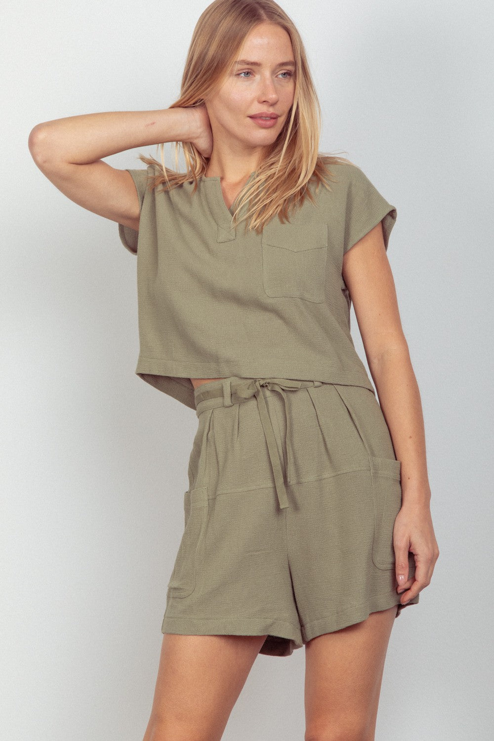 VERY J Woven Cropped Top & Waist Tie Shorts Set - AllIn Computer