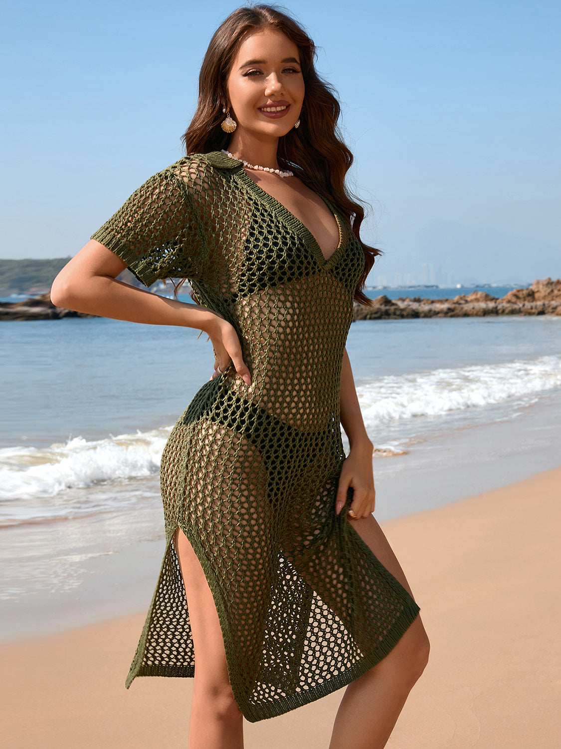Slit Openwork Johnny Collar Short Sleeve Cover-Up - AllIn Computer