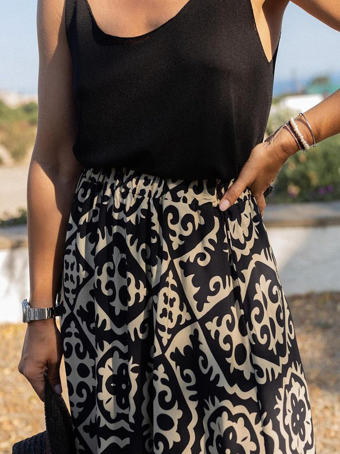 Geometric Elastic Waist Maxi Skirt - AllIn Computer