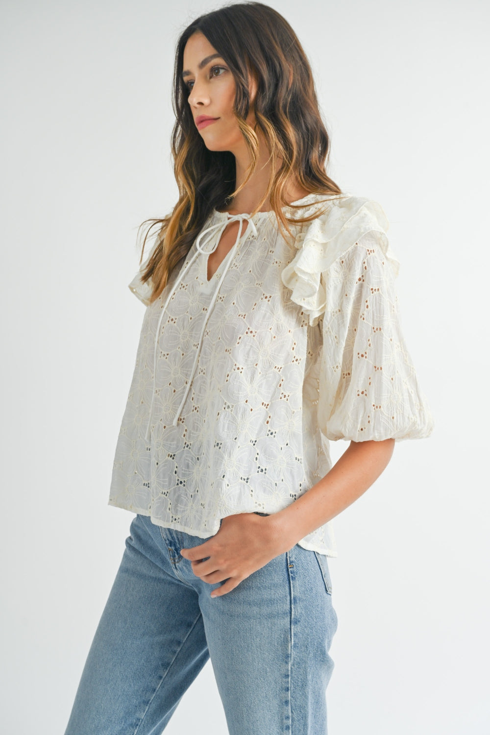 MABLE Eyelet Lace Ruffle Shoulder Puff Sleeve Blouse - AllIn Computer