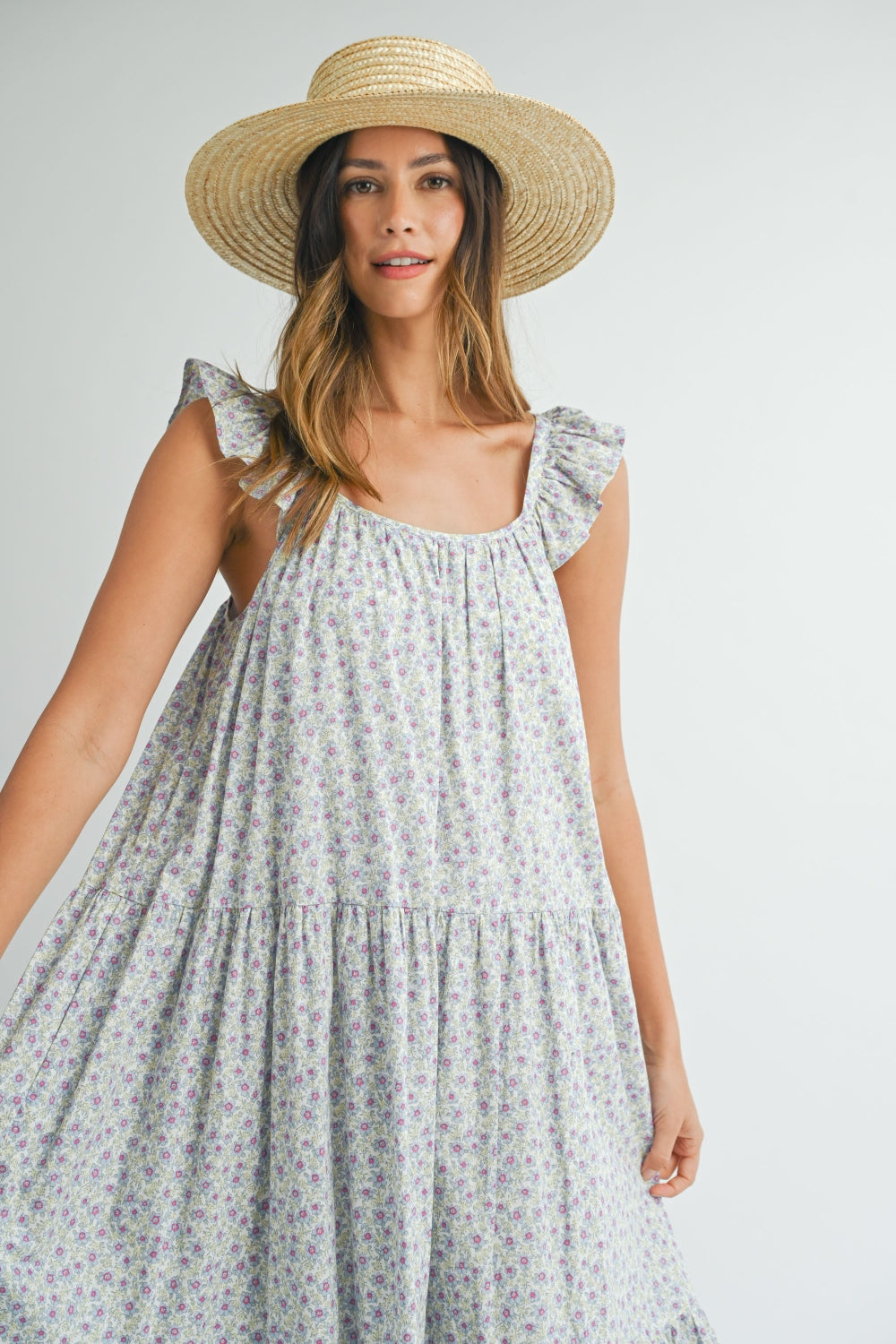 MABLE Floral Ruffle Shoulder Tiered Midi Dress - AllIn Computer