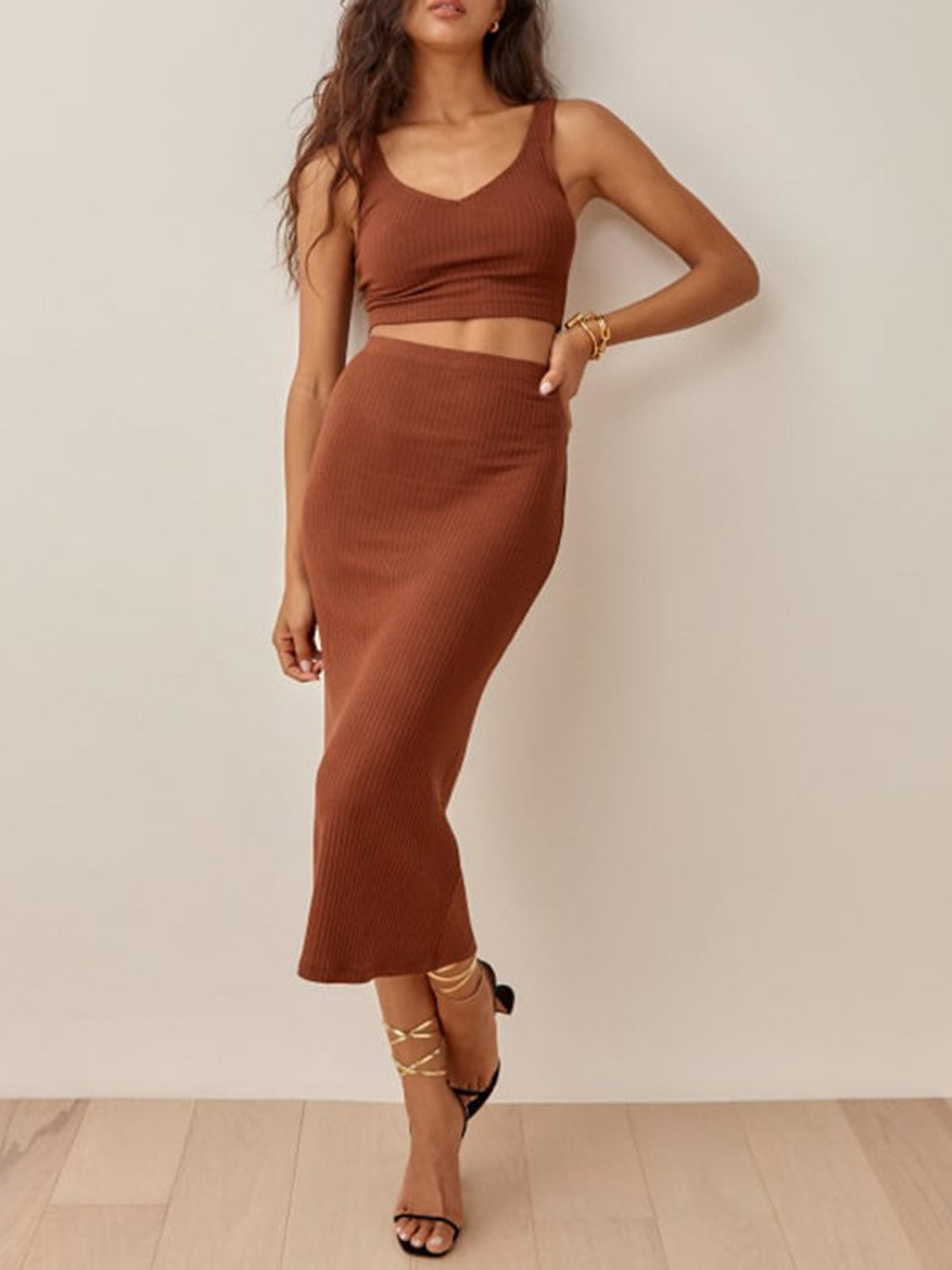 Wide Strap Top and High Waist Skirt Set - AllIn Computer