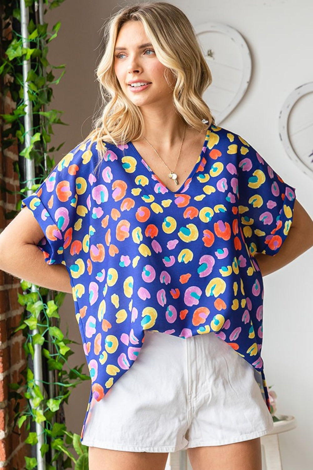 First Love Printed V-Neck Short Sleeve Blouse - AllIn Computer