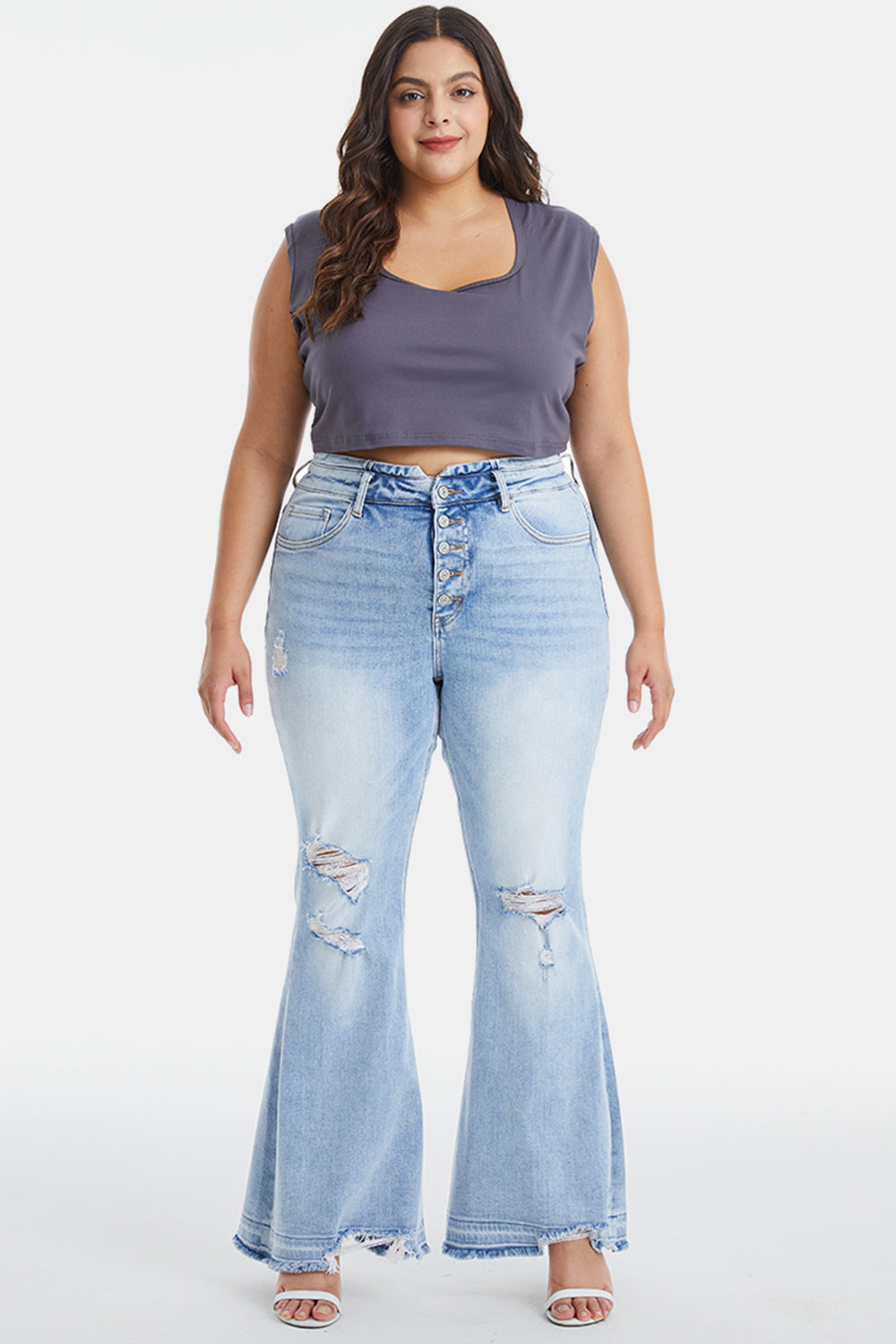 BAYEAS Full Size Distressed Raw Hem High Waist Flare Jeans - AllIn Computer