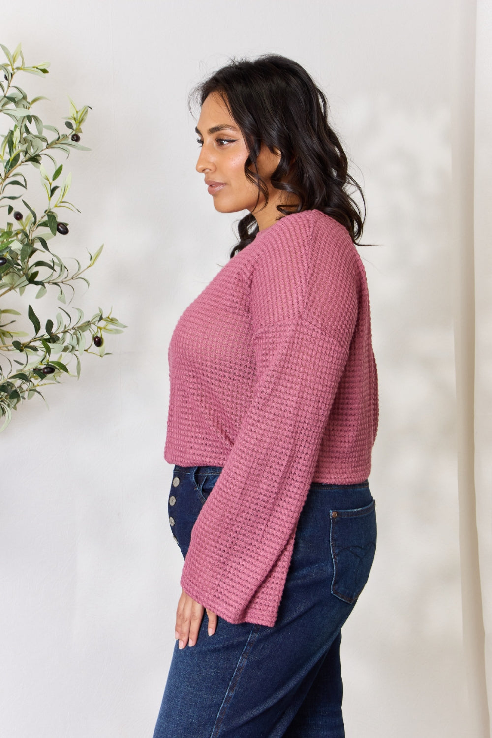 Culture Code Full Size Waffle-Knit Round Neck Long Sleeve Blouse - AllIn Computer