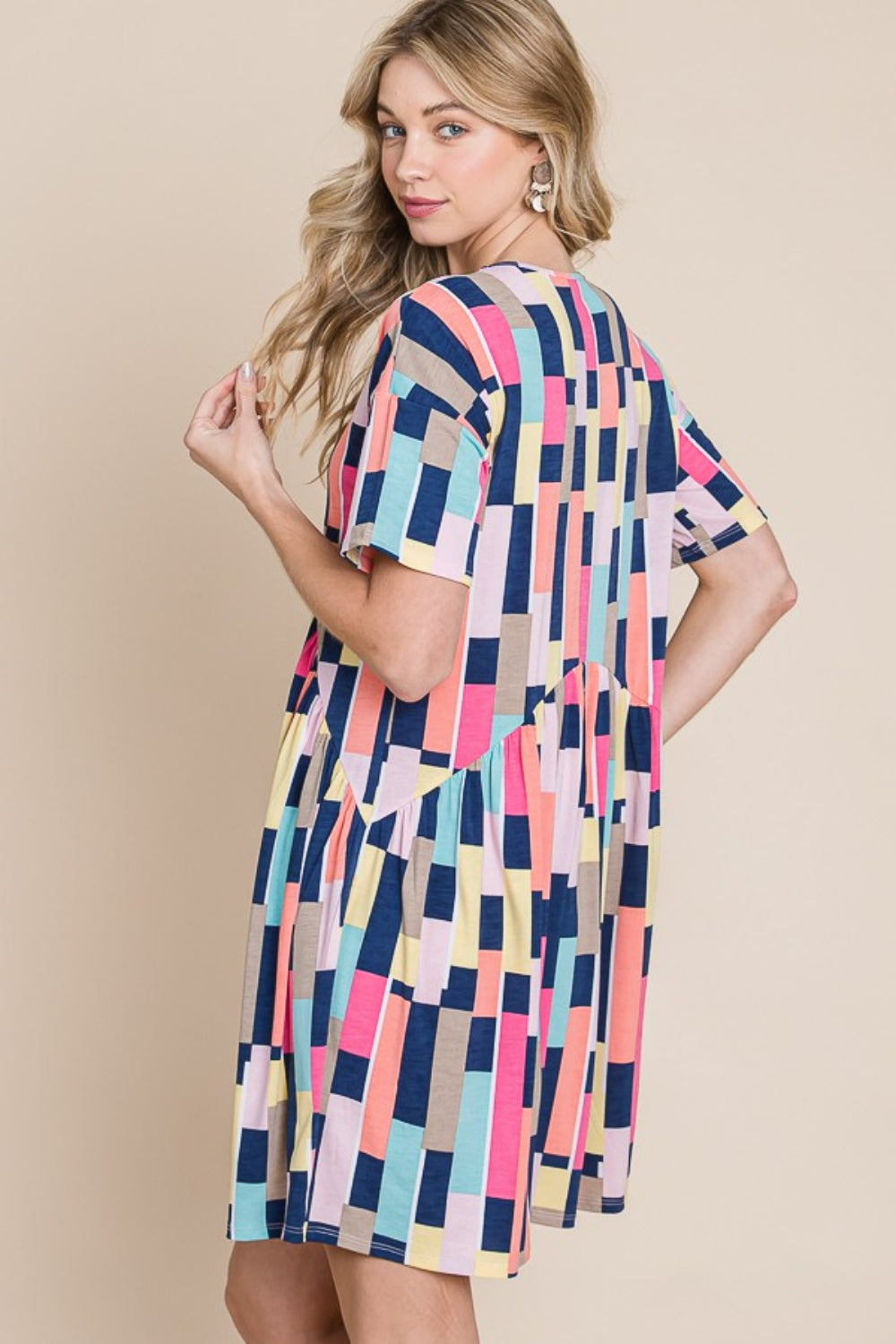 BOMBOM Ruched Color Block Short Sleeve Mini Dress - AllIn Computer