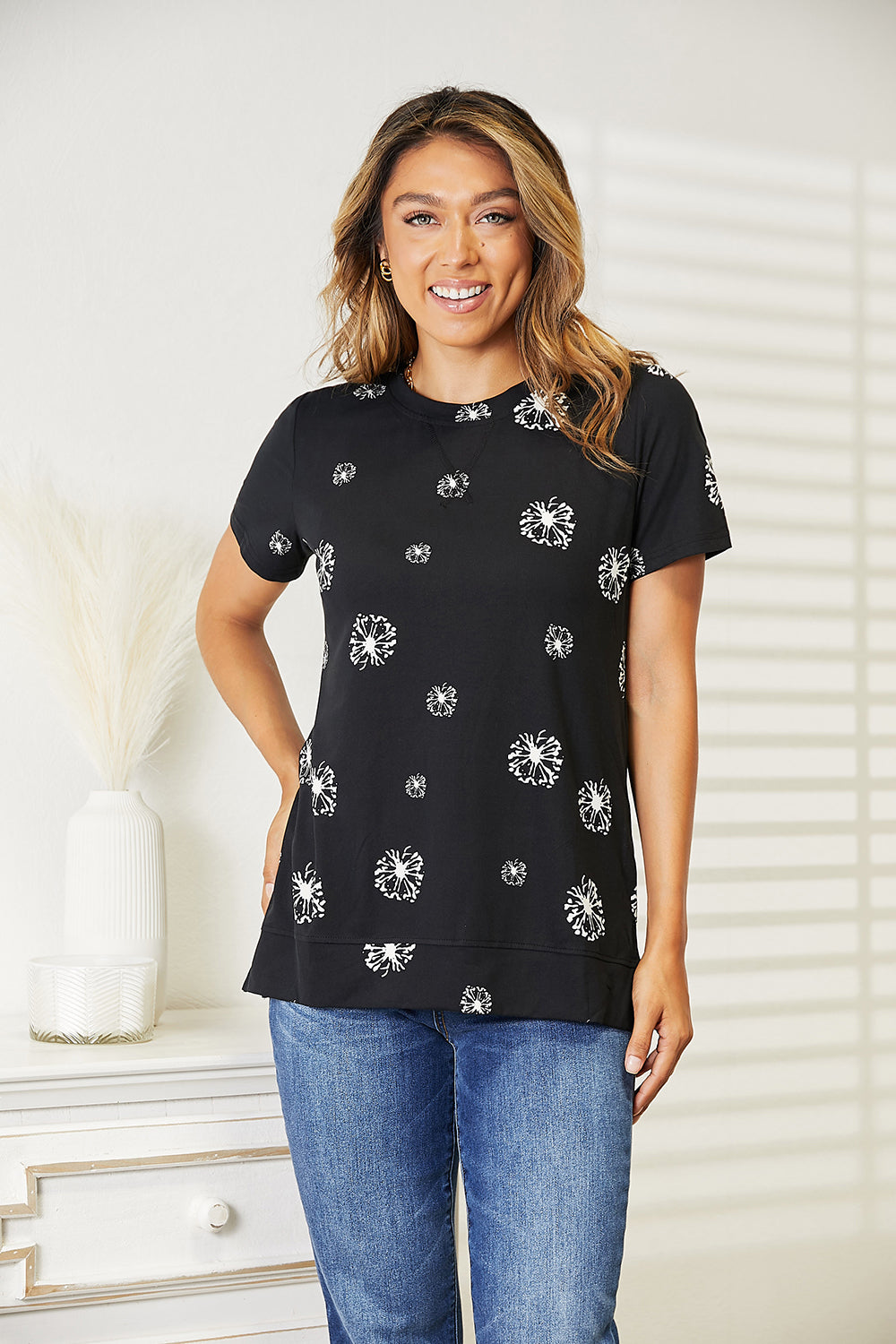 Double Take Dandelion Print Round Neck T-Shirt - AllIn Computer