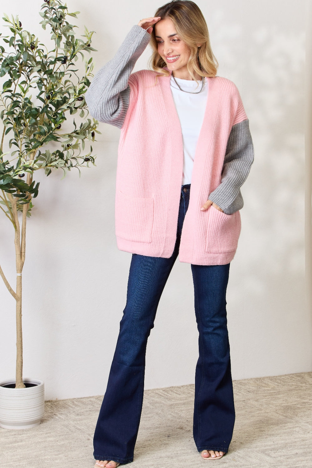 BiBi Contrast Open Front Cardigan with Pockets - AllIn Computer