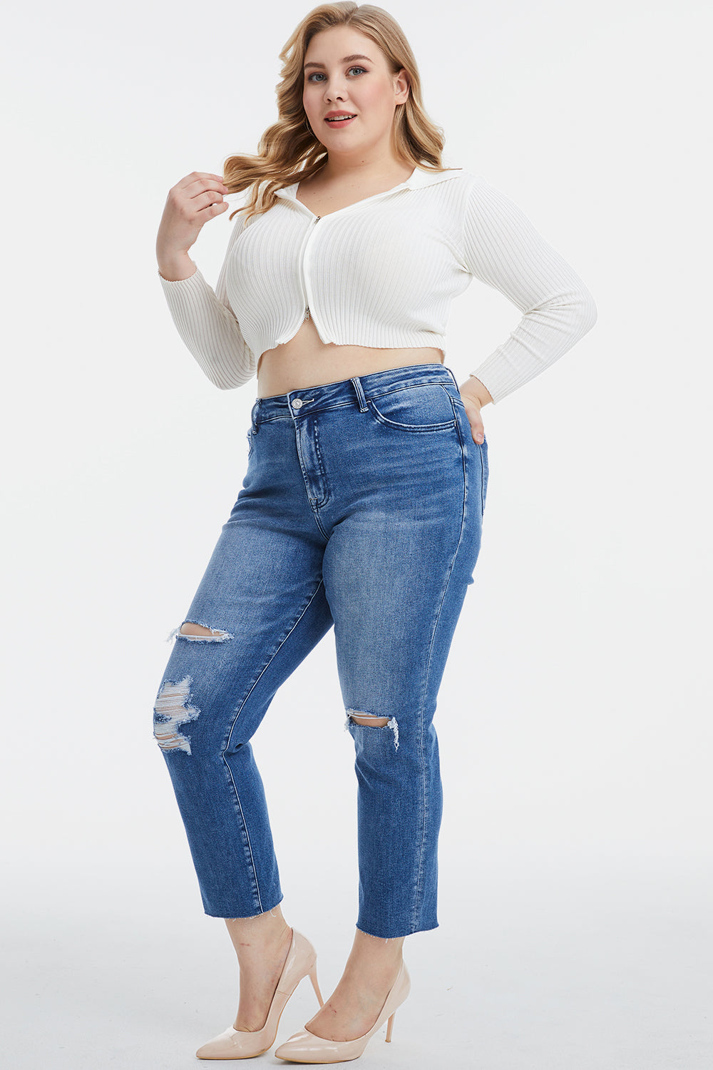 BAYEAS Full Size High Waist Distressed Cat's Whiskers Straight Jeans - AllIn Computer