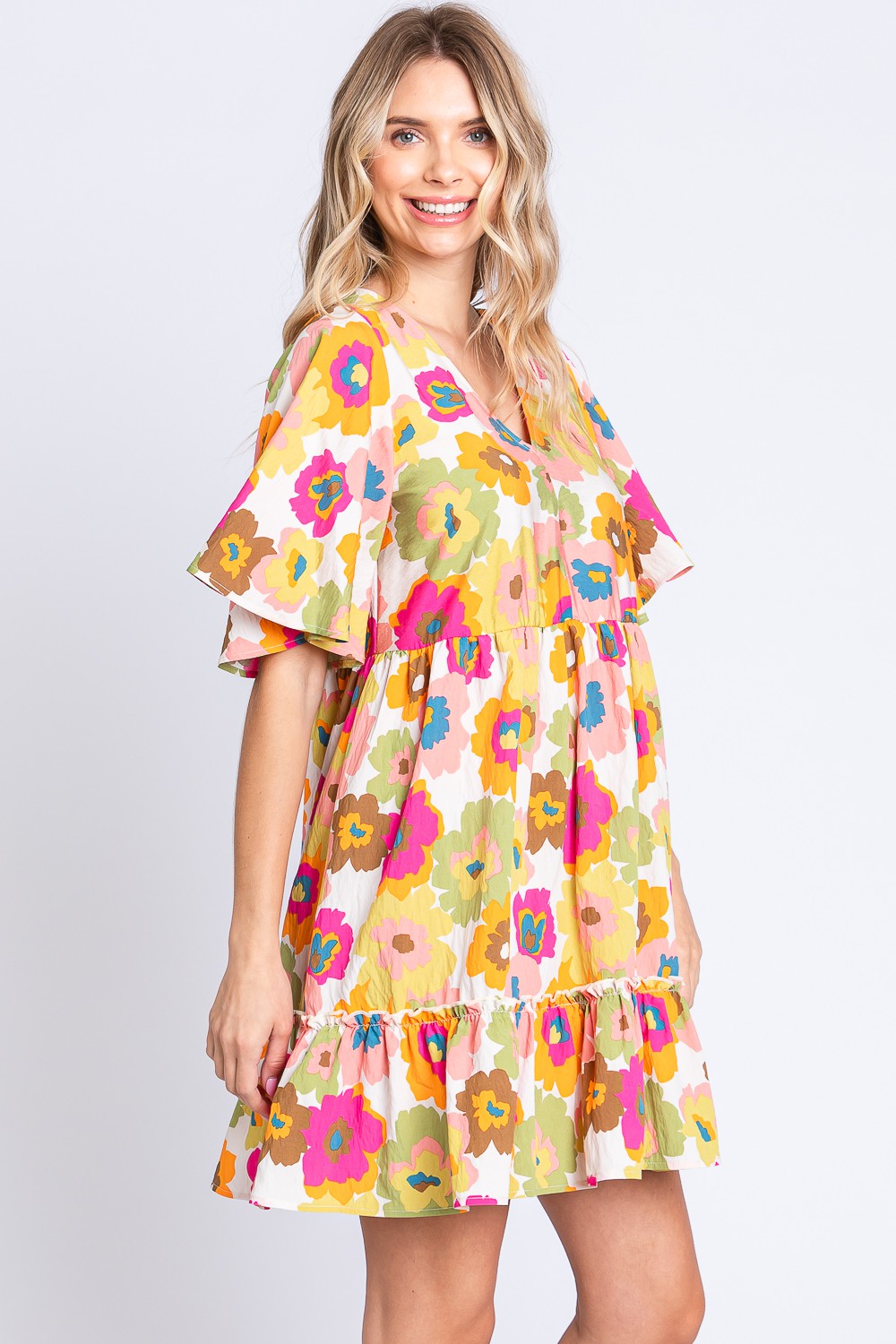 GeeGee Floral V-Neck Ruffle Hem Mini Dress - AllIn Computer
