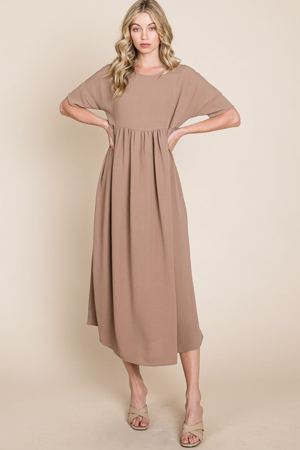 BOMBOM Round Neck Ruched Midi Dress - AllIn Computer