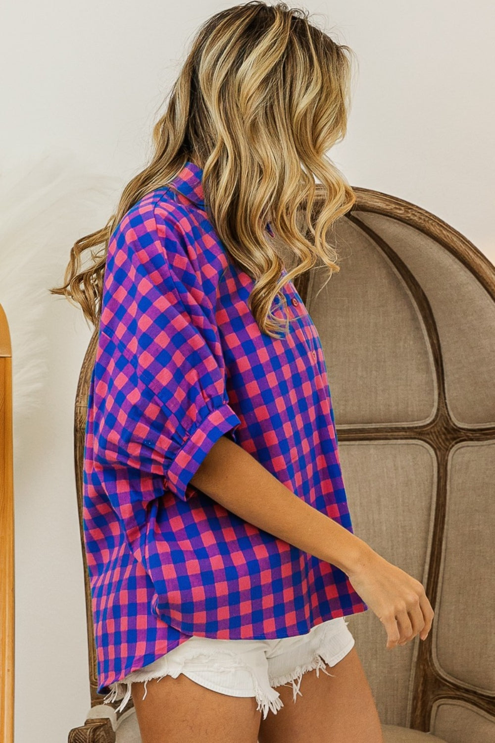 BiBi Plaid Button-Up Dolman Sleeve Shirt