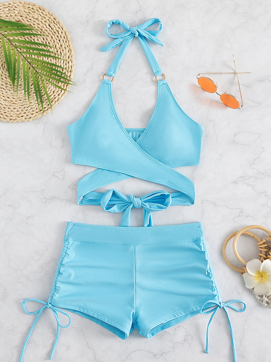 Crisscross Tied Top and Drawstring Shorts Swim Set - AllIn Computer