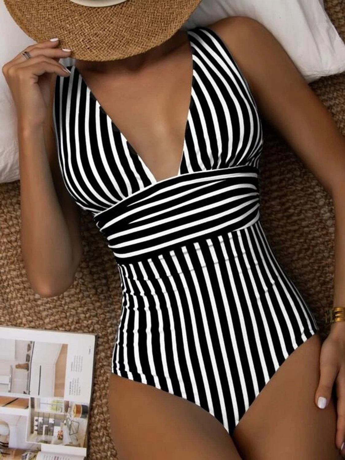 Striped Plunge Sleeveless One-Piece Swimwear - AllIn Computer