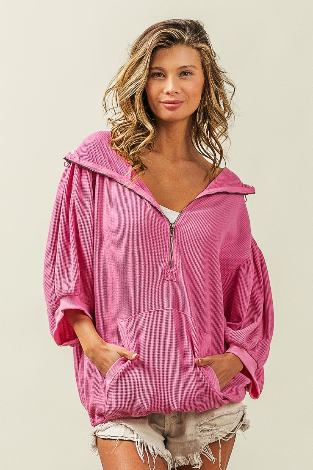BiBi Waffle-Knit Half Zip Hooded Top - AllIn Computer