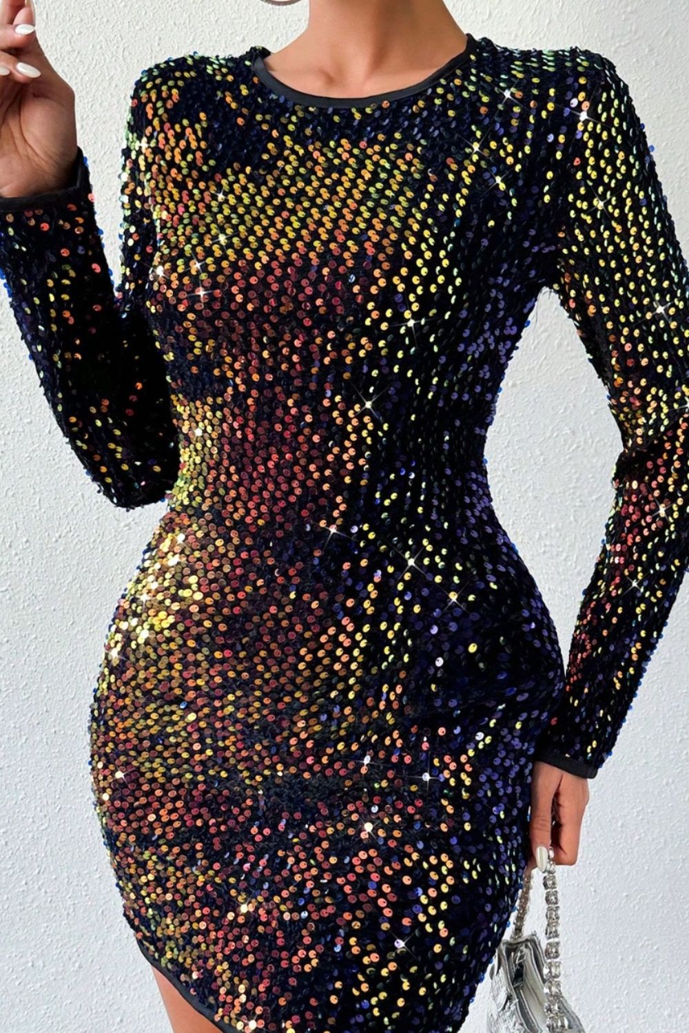 Sequin Round Neck Long Sleeve Mini Dress - AllIn Computer