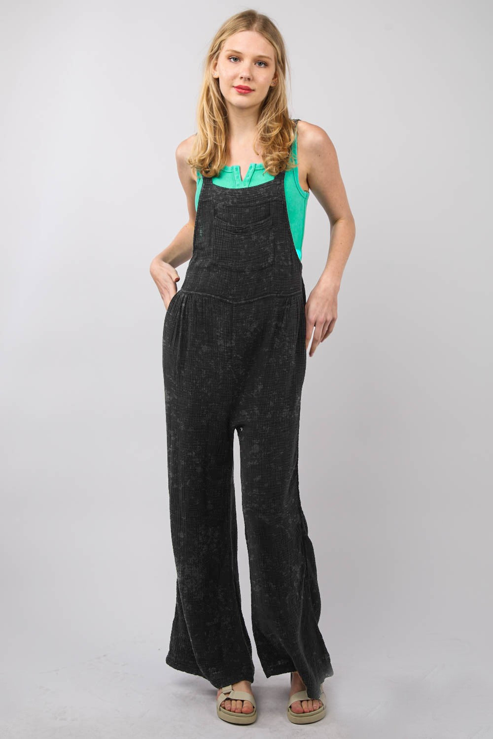 VERY J Texture Washed Wide Leg Overalls - AllIn Computer