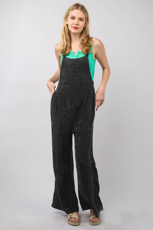 VERY J Texture Washed Wide Leg Overalls - AllIn Computer
