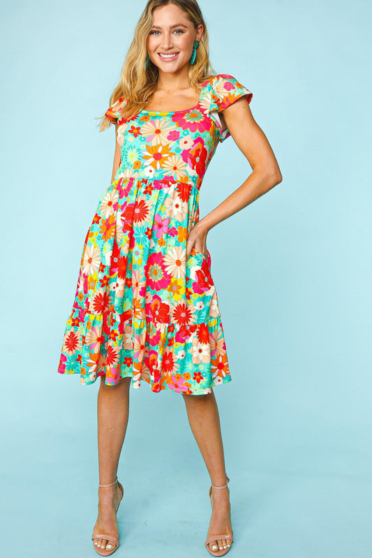 Haptics Floral Square Neck Short Sleeve Dress - AllIn Computer