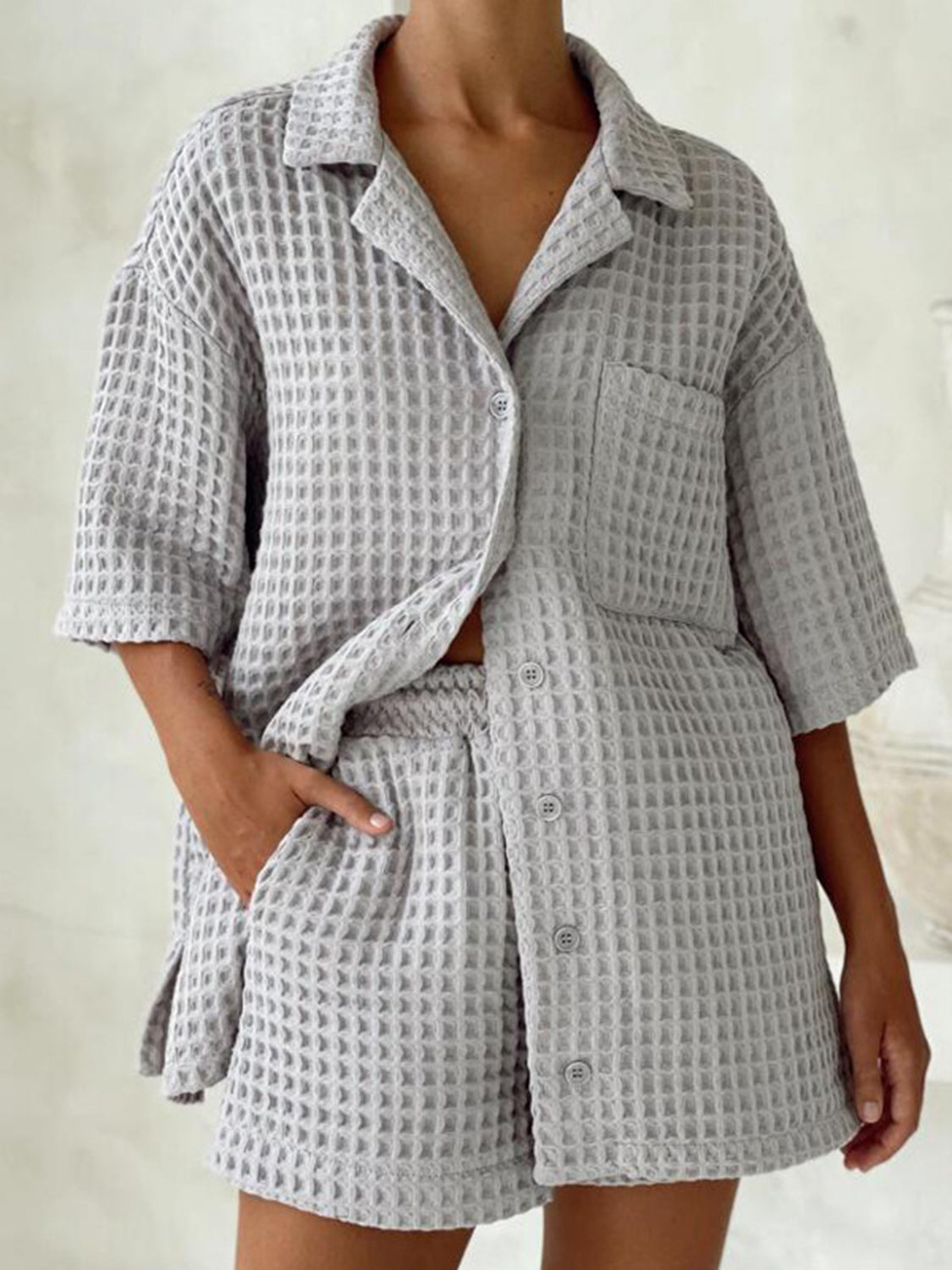 Waffle-Knit Dropped Shoulder Top and Shorts Set - AllIn Computer