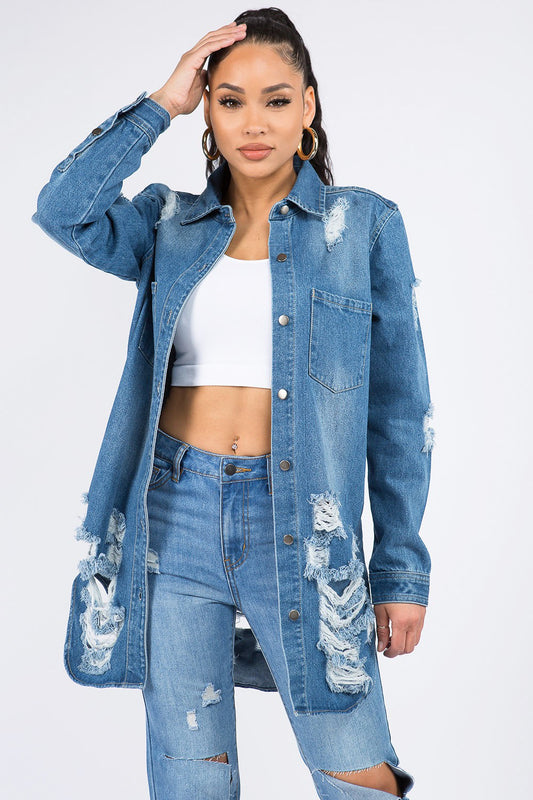 American Bazi Distressed Button Down Denim Shirt Jacket - AllIn Computer