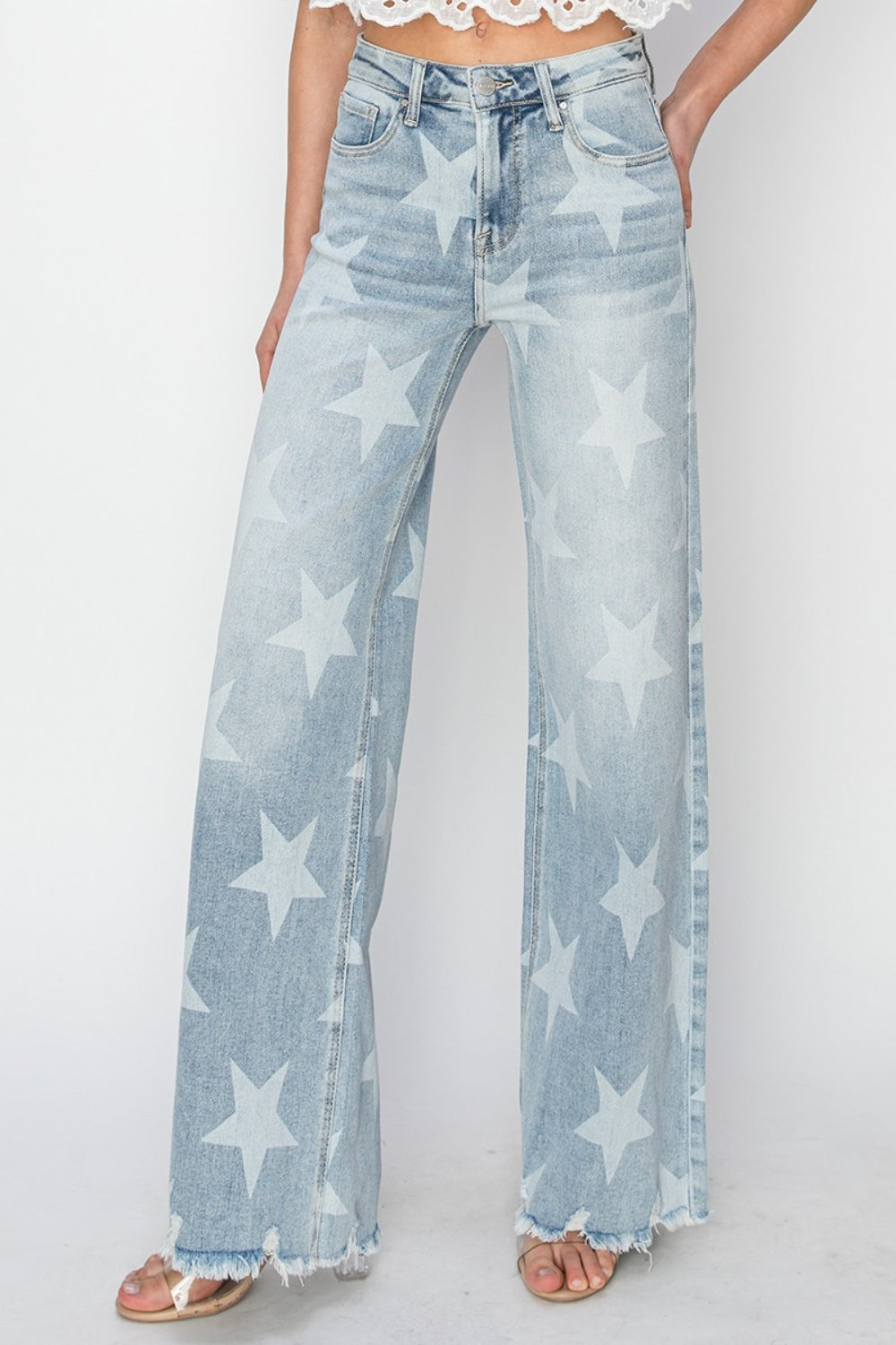 RISEN Full Size Raw Hem Star Wide Leg Jeans - AllIn Computer