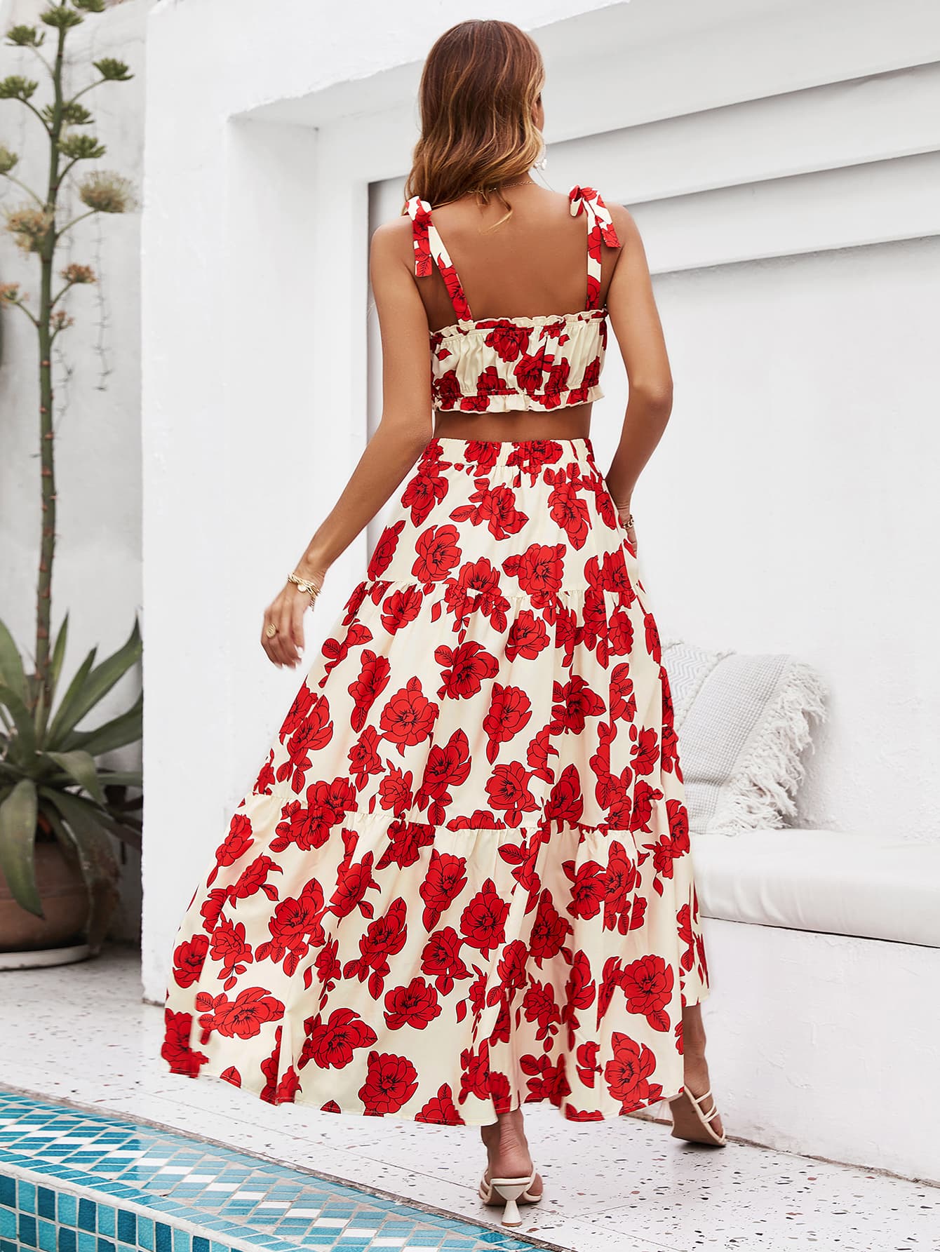 Floral Tie Shoulder Top and Tiered Maxi Skirt Set - AllIn Computer