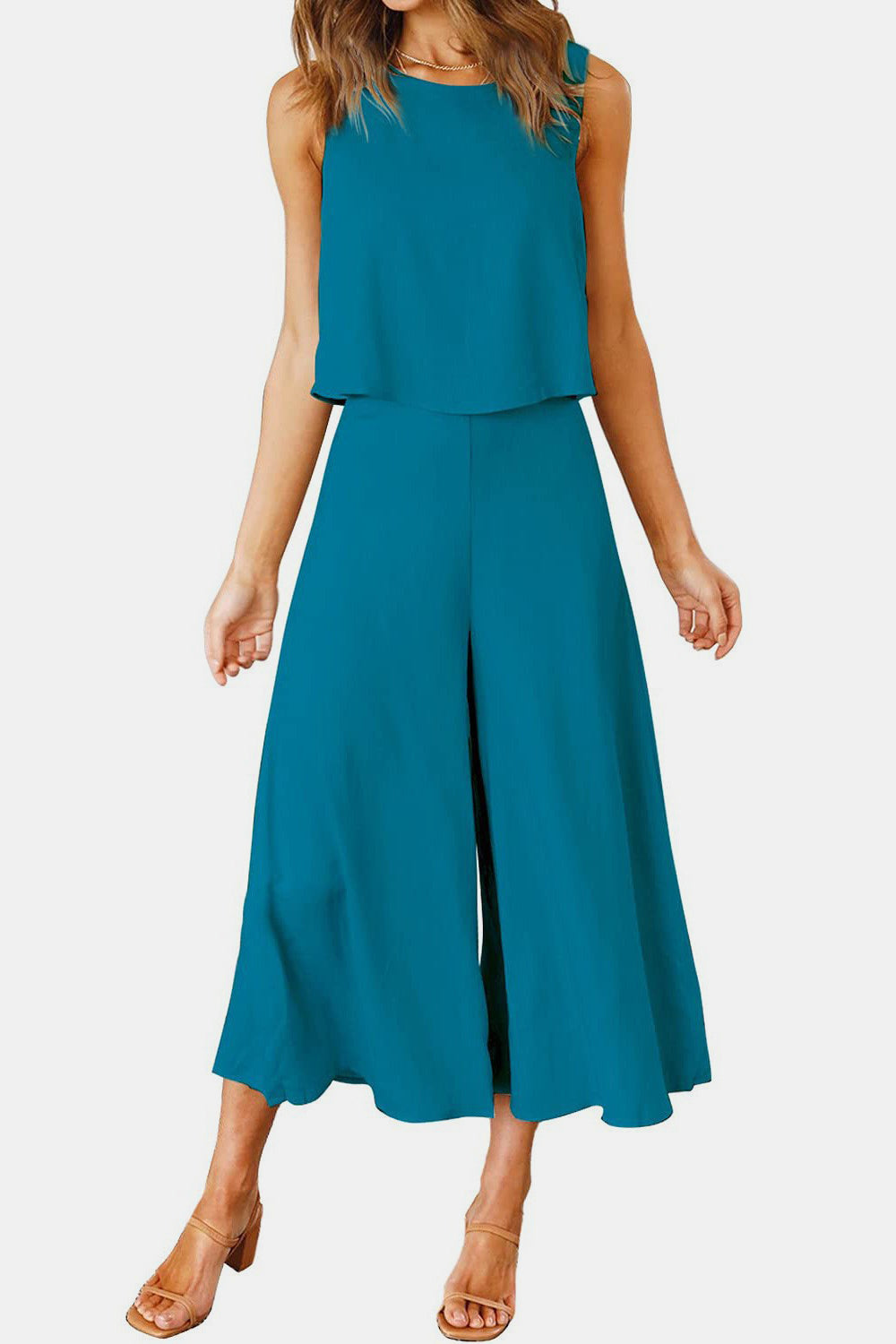 Round Neck Top and Wide Leg Pants Set - AllIn Computer