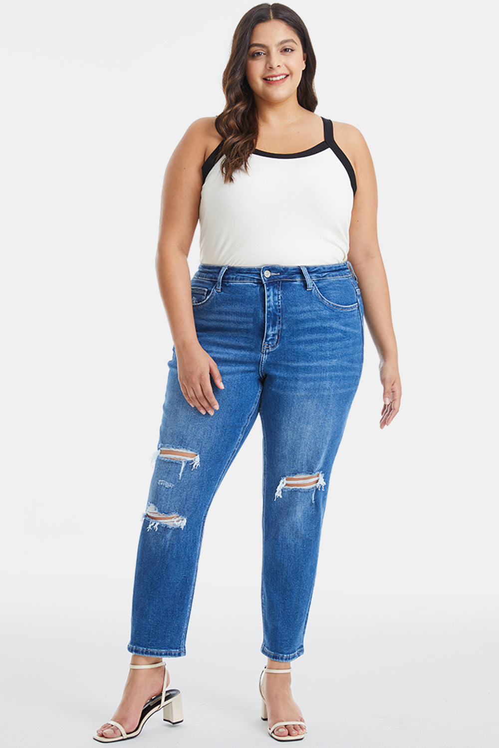 BAYEAS Full Size Distressed High Waist Mom Jeans - AllIn Computer