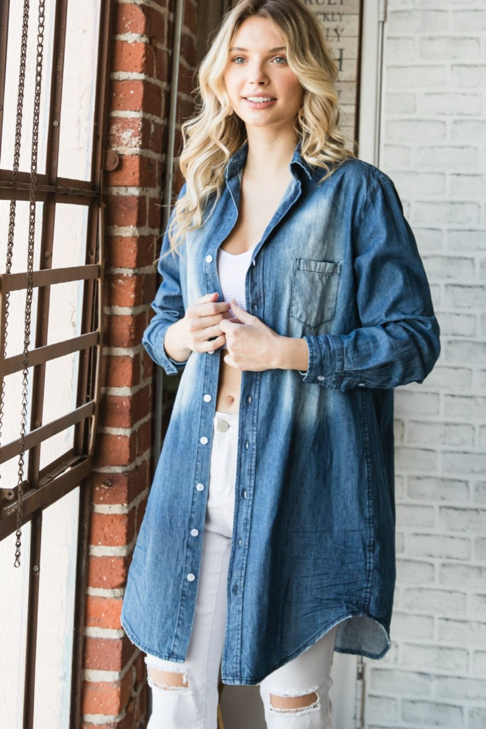 Veveret Pocketed Button Up Washed Denim Shirt - AllIn Computer