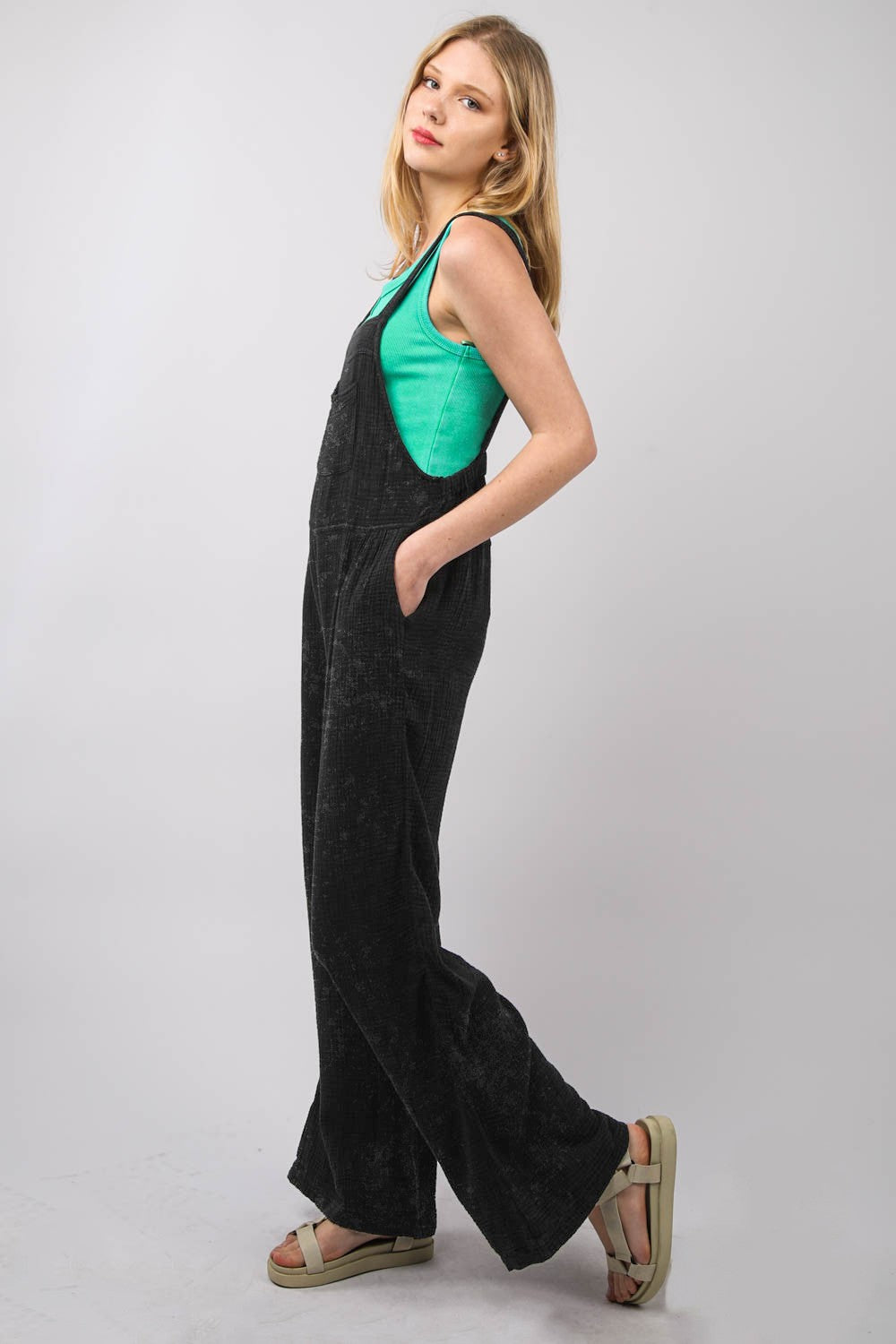 VERY J Texture Washed Wide Leg Overalls - AllIn Computer