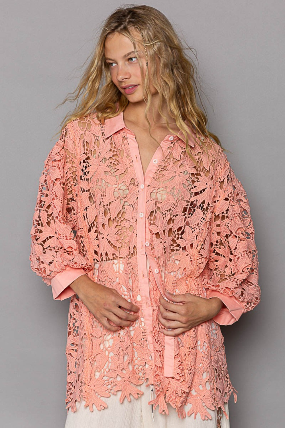 POL Collared Neck Button Up Lace Shirt - AllIn Computer