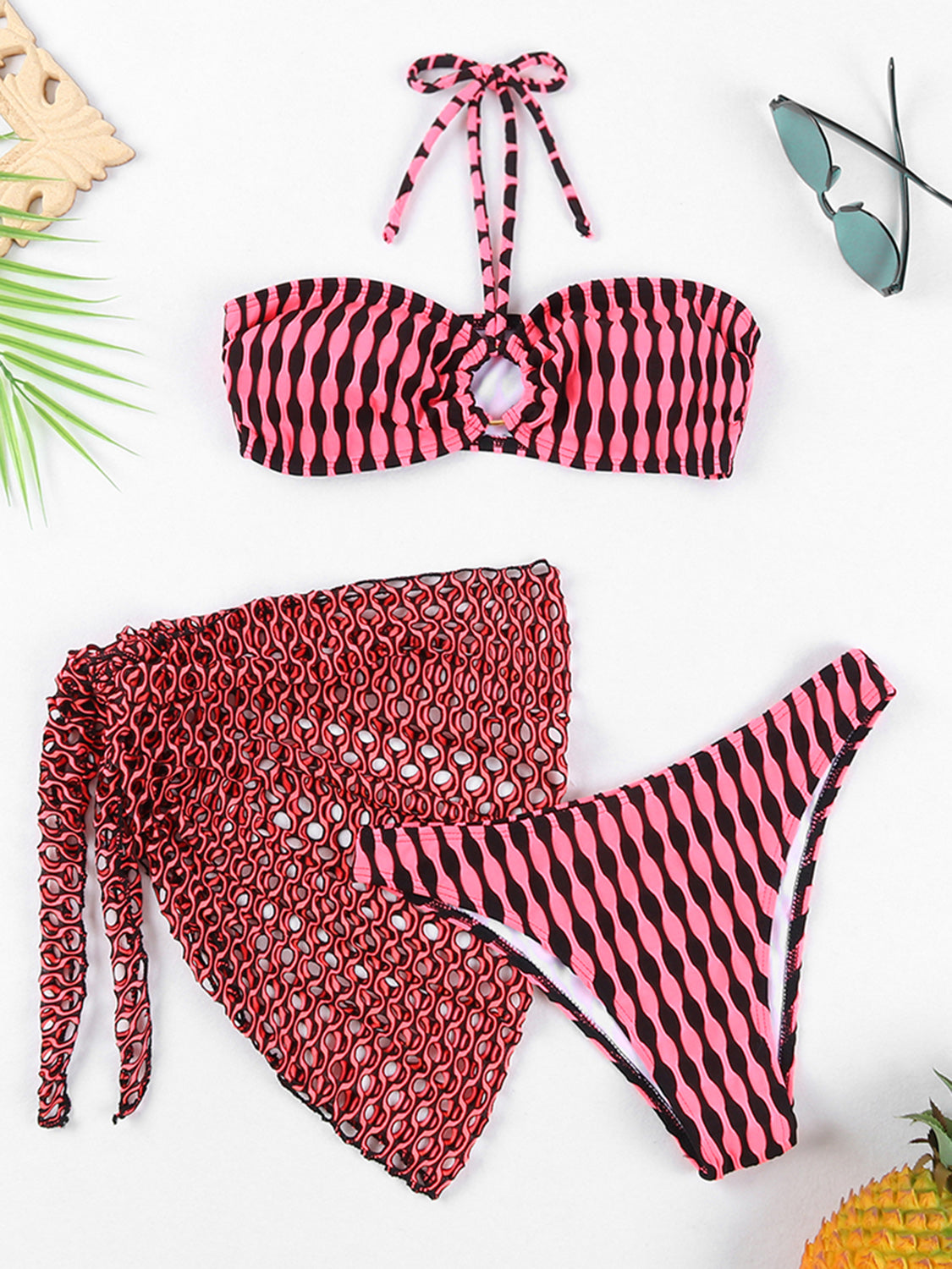 Geometric Halter Neck Three-Piece Swim Set - AllIn Computer