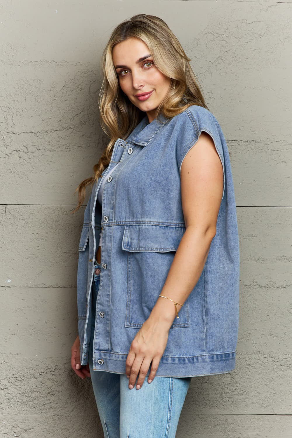 Collared Neck Sleeveless Denim Top with Pockets - AllIn Computer