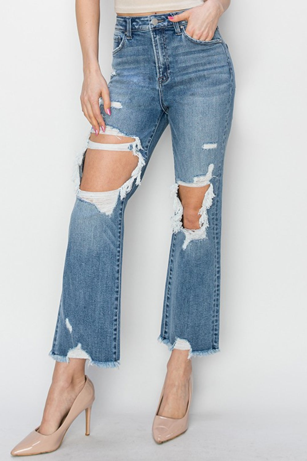 RISEN High Rise Distressed Crop Straight Jeans - AllIn Computer