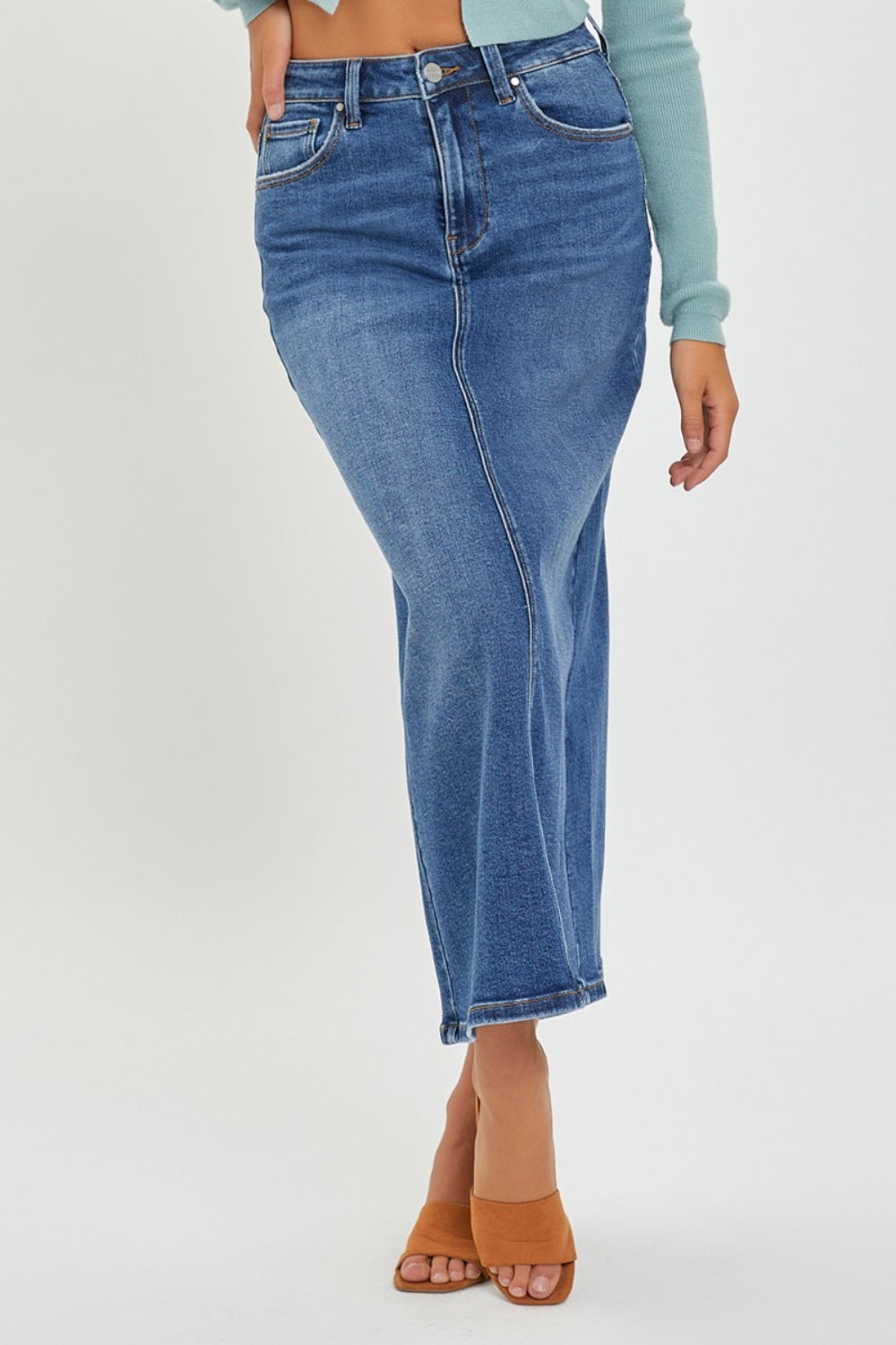 RISEN High Rise Back Slit Denim Skirt - AllIn Computer