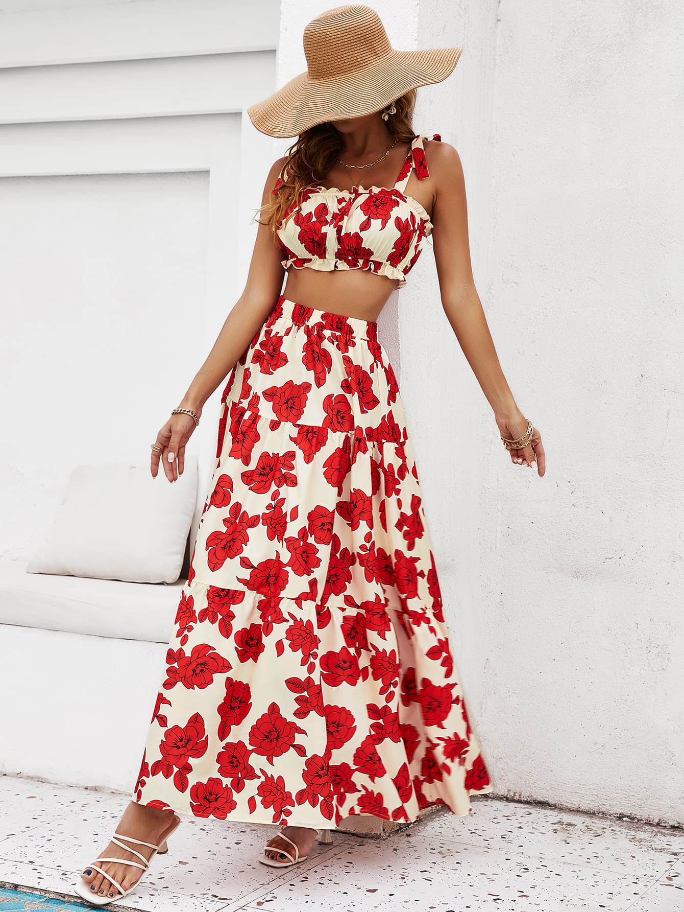 Floral Tie Shoulder Top and Tiered Maxi Skirt Set - AllIn Computer