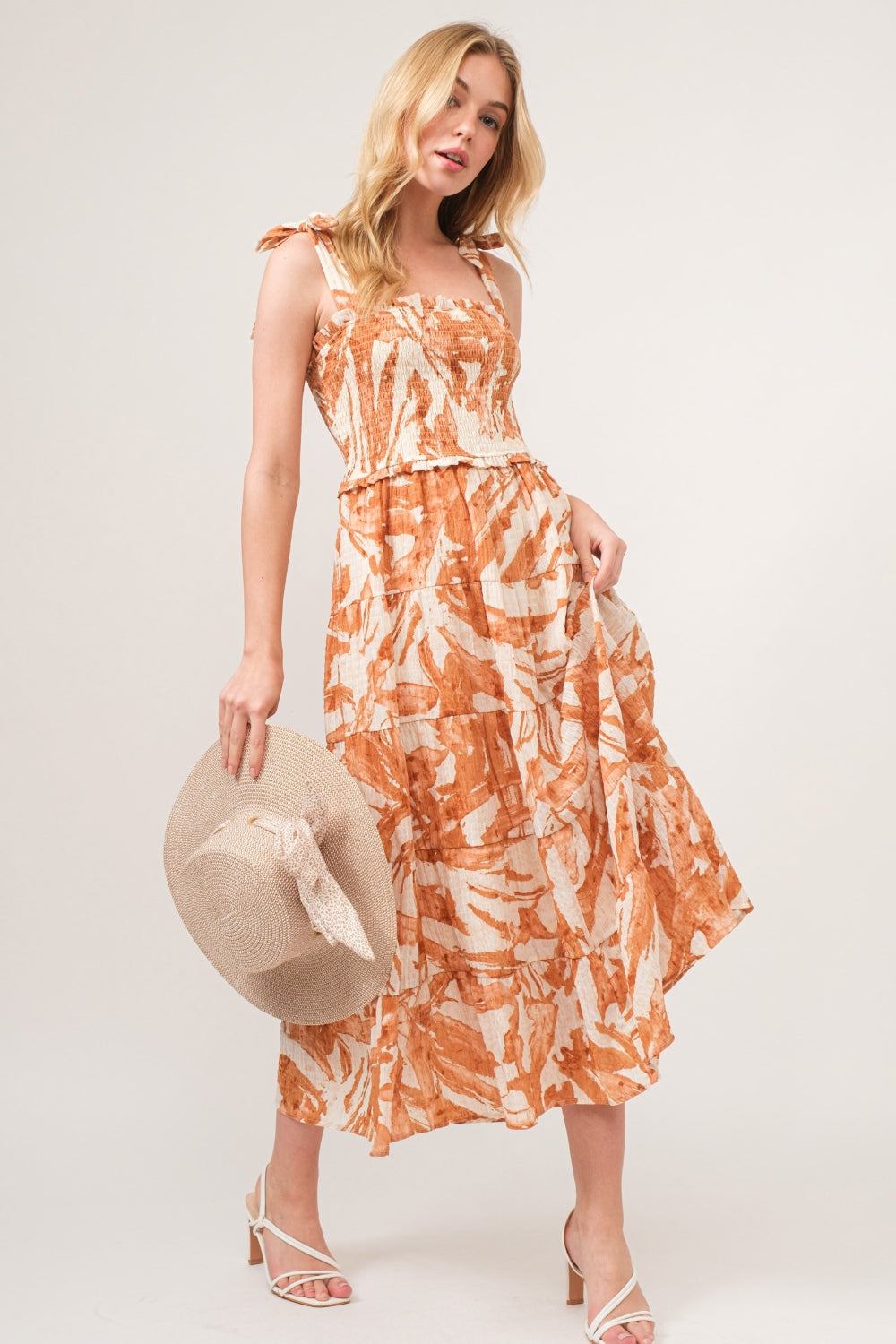 And The Why Tie Shoulder Smocked Midi Tiered Dress - AllIn Computer