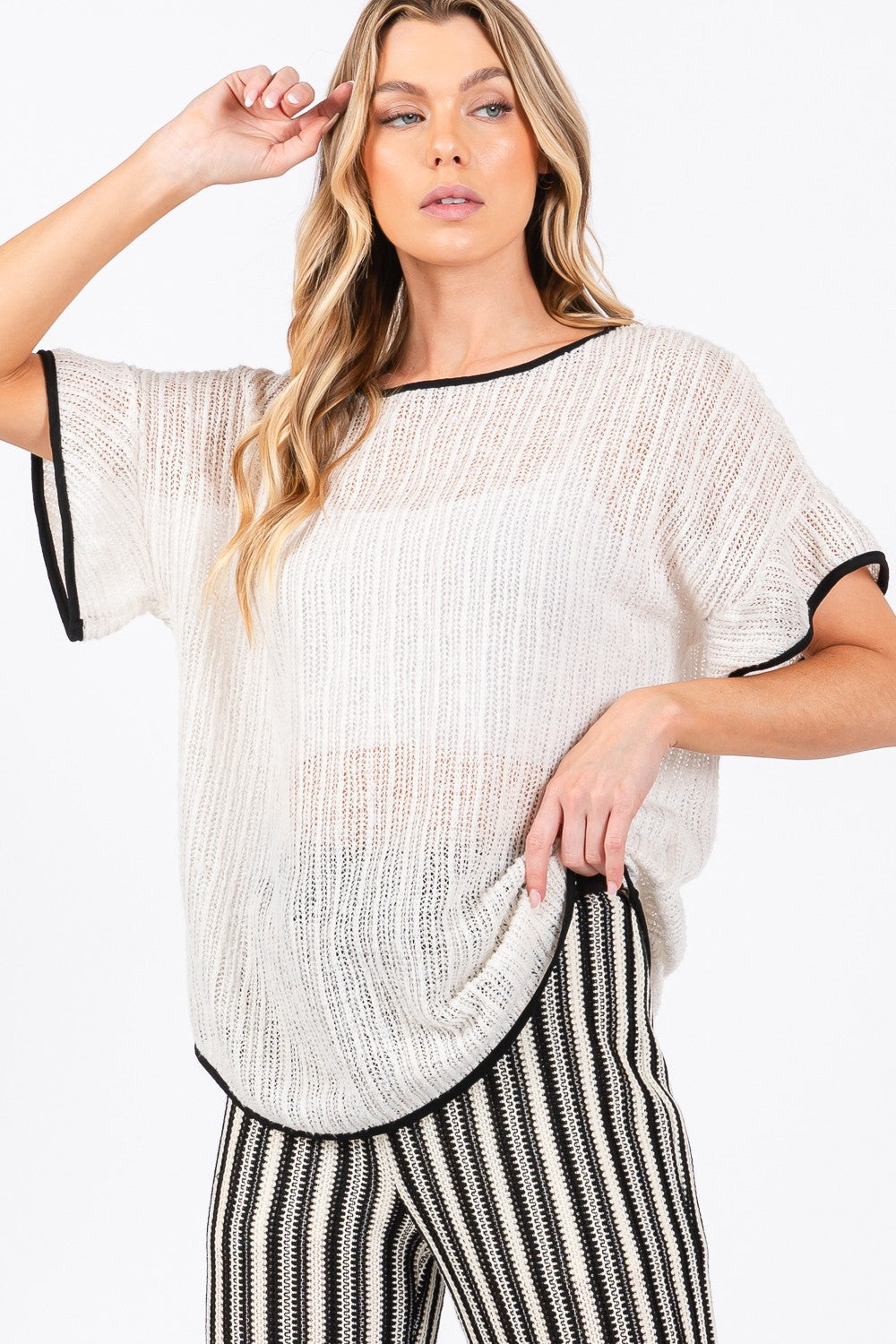 GeeGee Contrast Trim Short Sleeve Knit Cover Up - AllIn Computer