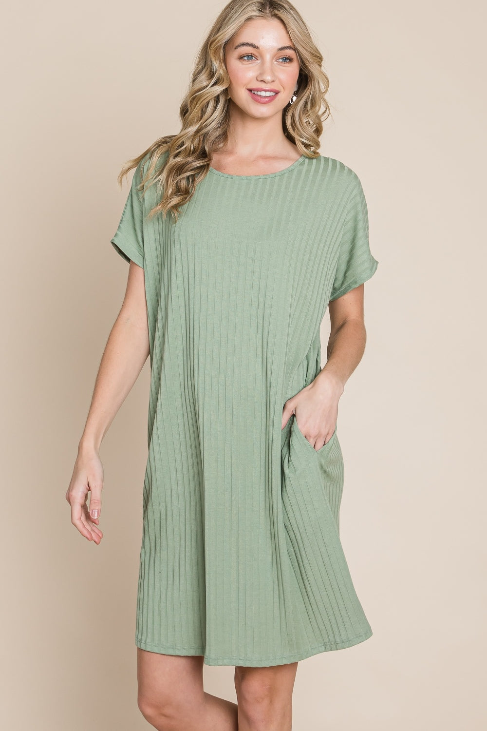 BOMBOM Ribbed Round Neck Short Sleeve Dress - AllIn Computer